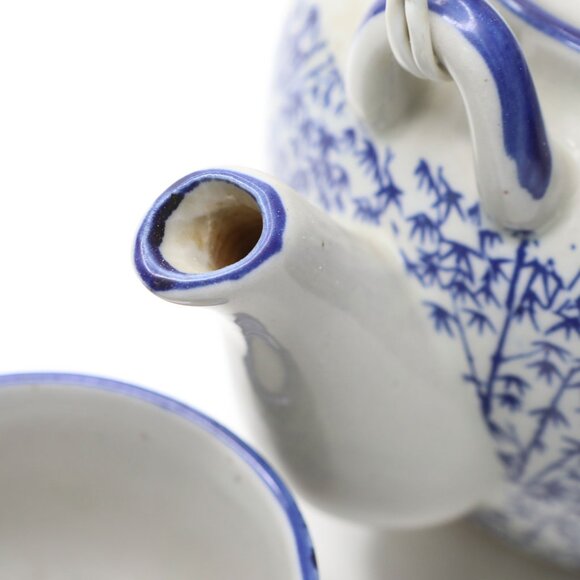 Vintage Blue & White Asian Tea Set Bamboo Design Rattan Handle Pot & Cup - Picture 4 of 6